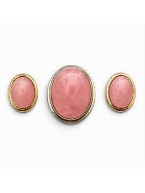 Vintage Butler Rose Quartz Brooch Earring Set, Signed Butler Gold Tone Set